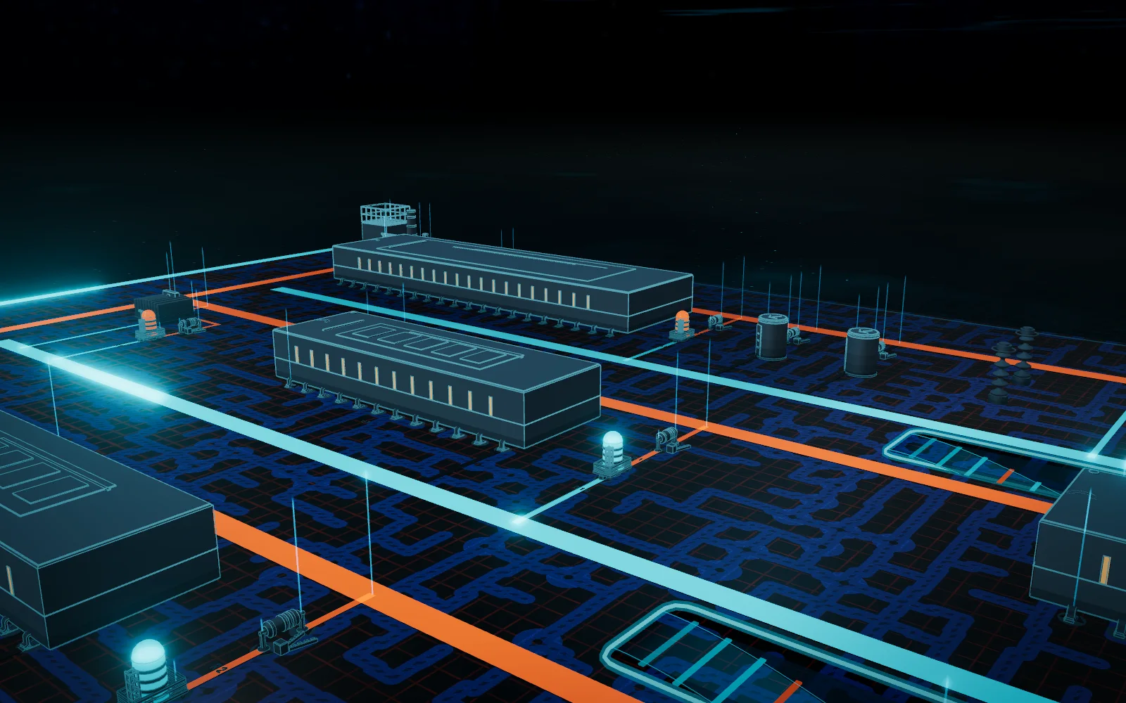 The same circuit world transformed into a luminous cyan and orange GRID