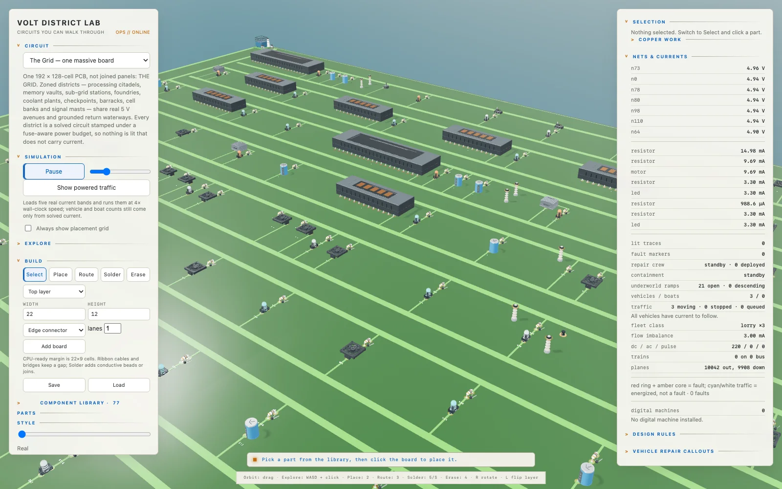 A large functional circuit board rendered as a physical city in Real mode